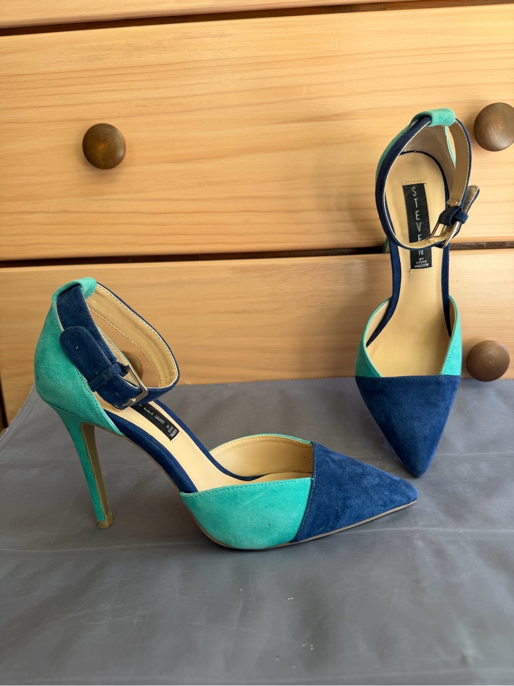 Steve Madden Teal and Navy Suede Pointed Toe Ankle-Strap Heels